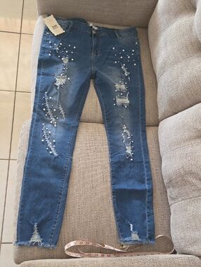 Women Skinny Jeans Blue Pearl Embellished Distressed Stretch Denim Size 14